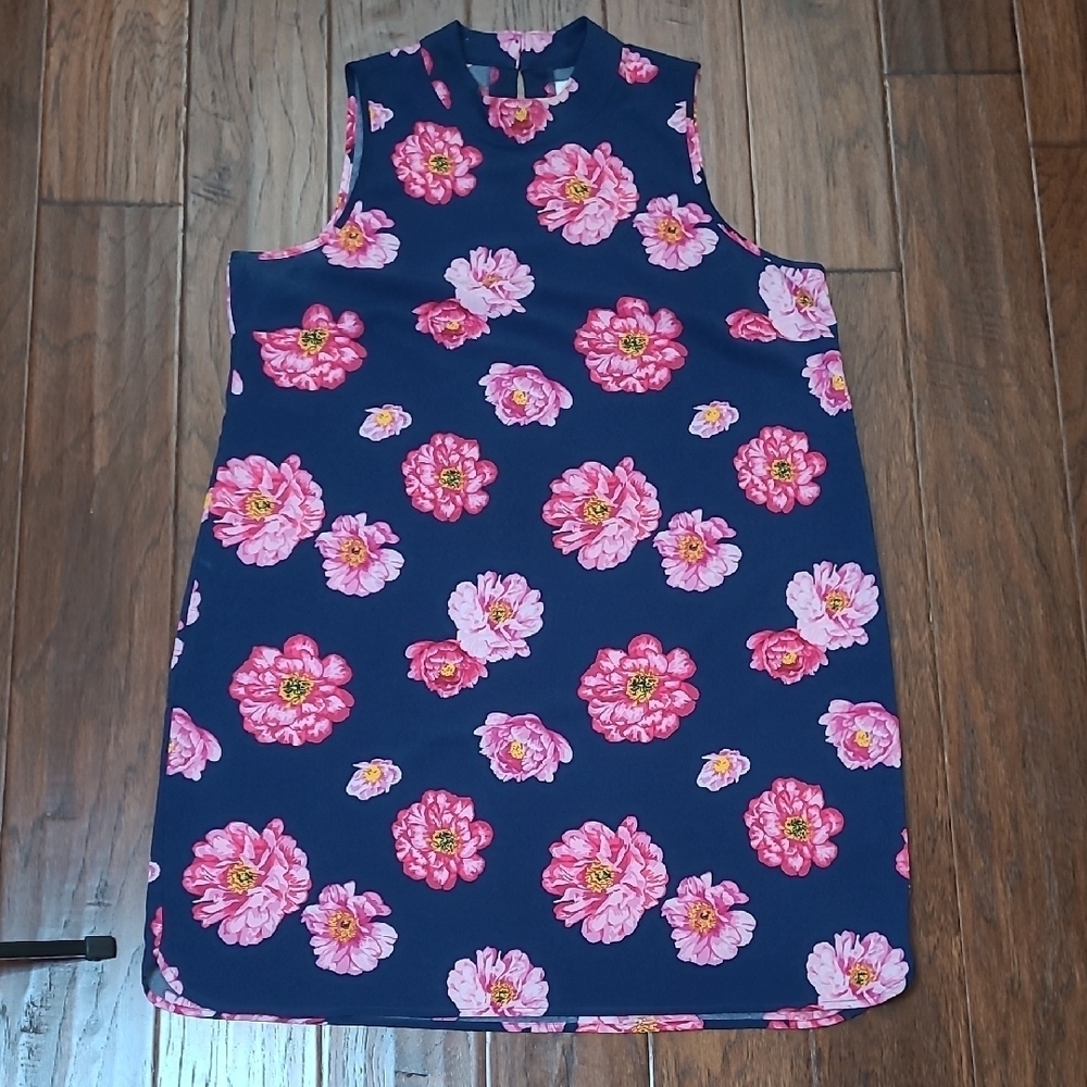 Mud Pie Sleeveless Navy Blue Dress with Pink Floral Design size Large